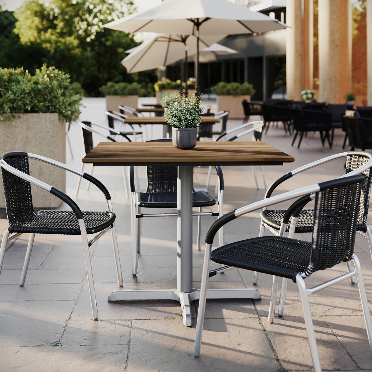 Natural/Silver Base |#| Commercial All-Weather 36" Square Natural HPL Tabletop-Silver X Base