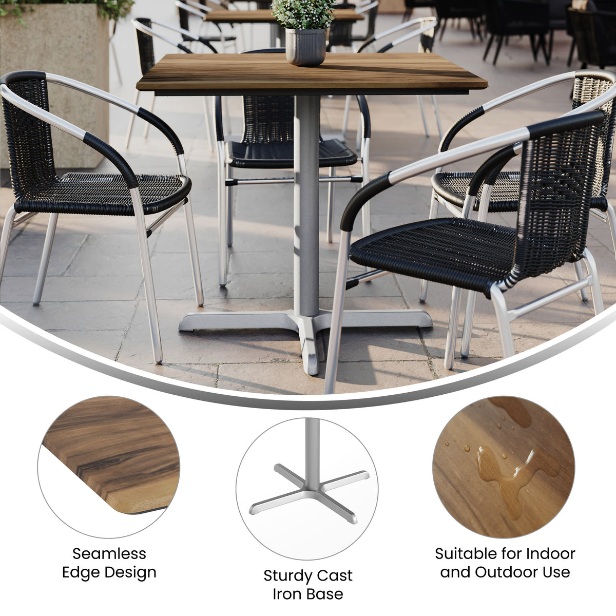 Natural/Silver Base |#| Commercial All-Weather 36" Square Natural HPL Tabletop-Silver X Base