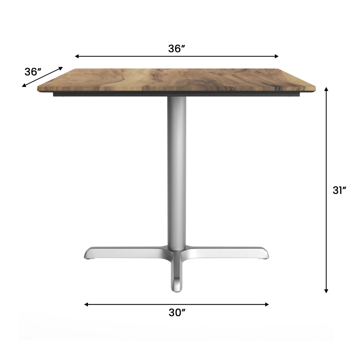 Natural/Silver Base |#| Commercial All-Weather 36" Square Natural HPL Tabletop-Silver X Base