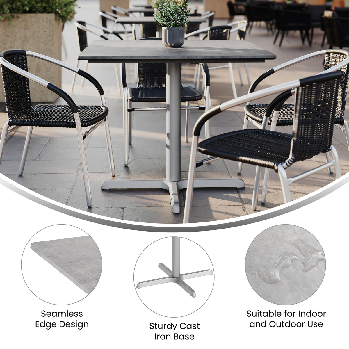 Gray Faux Concrete/Silver Base |#| Commercial All-Weather 36" Square Gray Faux Concrete HPL Tabletop-Silver X Base