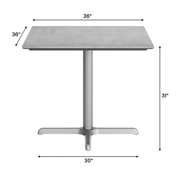 Gray Faux Concrete/Silver Base |#| Commercial All-Weather 36" Square Gray Faux Concrete HPL Tabletop-Silver X Base