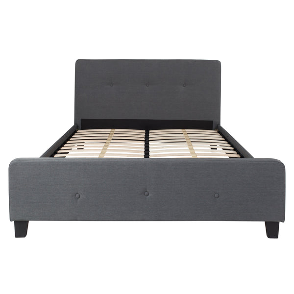 Dark Gray,Queen |#| Queen Size Three Button Tufted Upholstered Platform Bed in Dark Gray Fabric