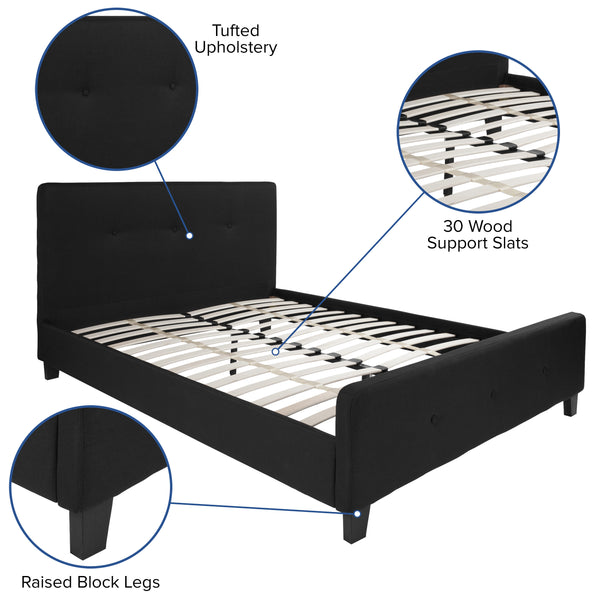 Black,Queen |#| Queen Size Three Button Tufted Upholstered Platform Bed in Black Fabric