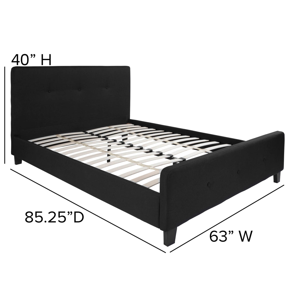 Black,Queen |#| Queen Size Three Button Tufted Upholstered Platform Bed in Black Fabric