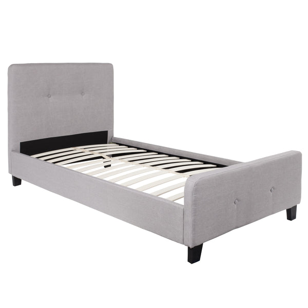Light Gray,Twin |#| Twin Size Two Button Tufted Upholstered Platform Bed in Light Gray Fabric