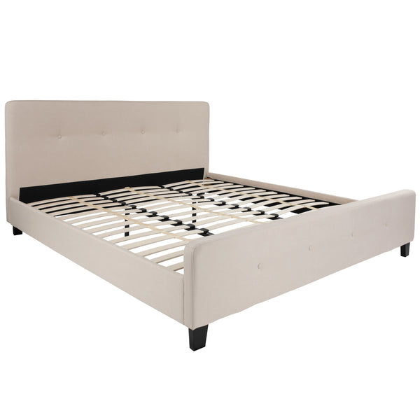 Beige,King |#| King Size Four Button Tufted Upholstered Platform Bed in Beige Fabric