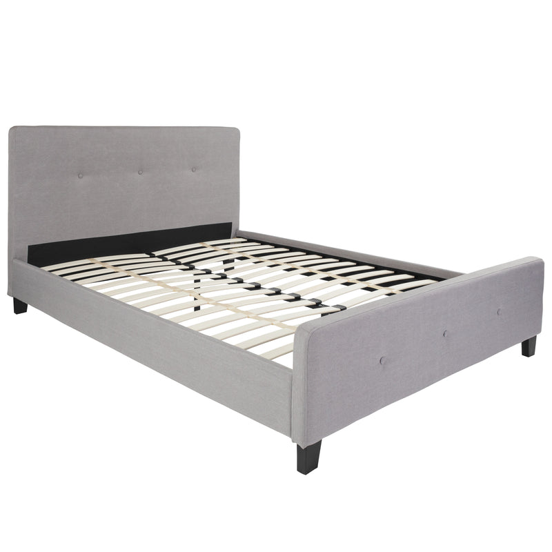 Light Gray,Queen |#| Queen Size Three Button Tufted Upholstered Platform Bed in Light Gray Fabric