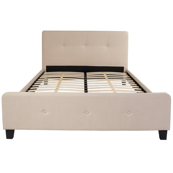 Beige,Queen |#| Queen Size Three Button Tufted Upholstered Platform Bed in Beige Fabric