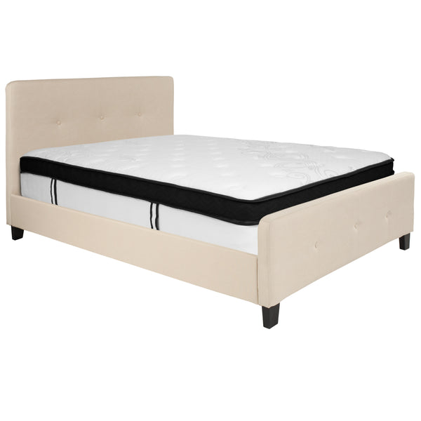 Beige,Full |#| Full Three Button Tufted Platform Bed/Memory Foam Mattress-Beige Fabric