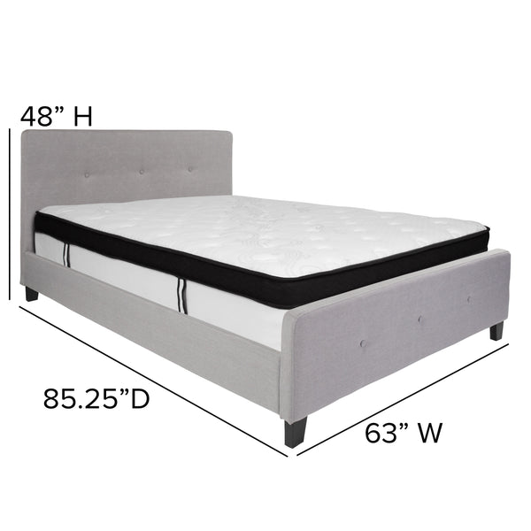 Light Gray,Queen |#| Queen Three Button Tufted Platform Bed/Memory Foam Mattress-Light Gray Fabric