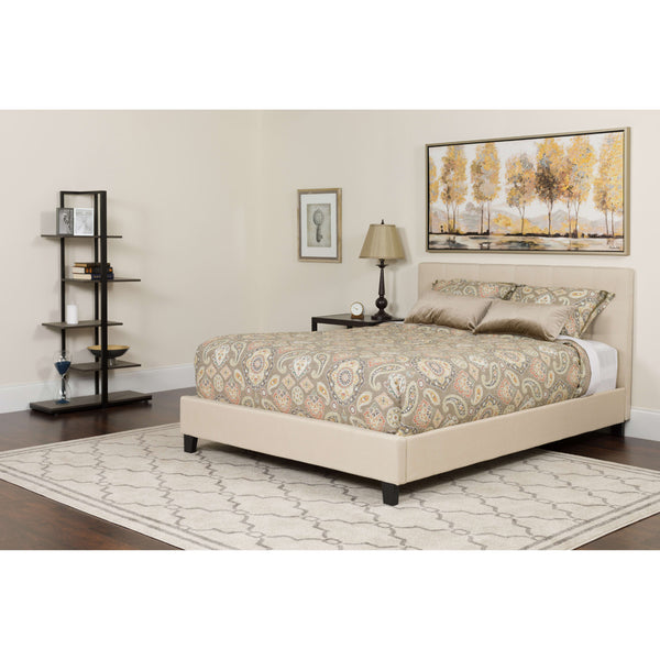 Beige,Full |#| Full Three Button Tufted Platform Bed/Memory Foam Mattress-Beige Fabric