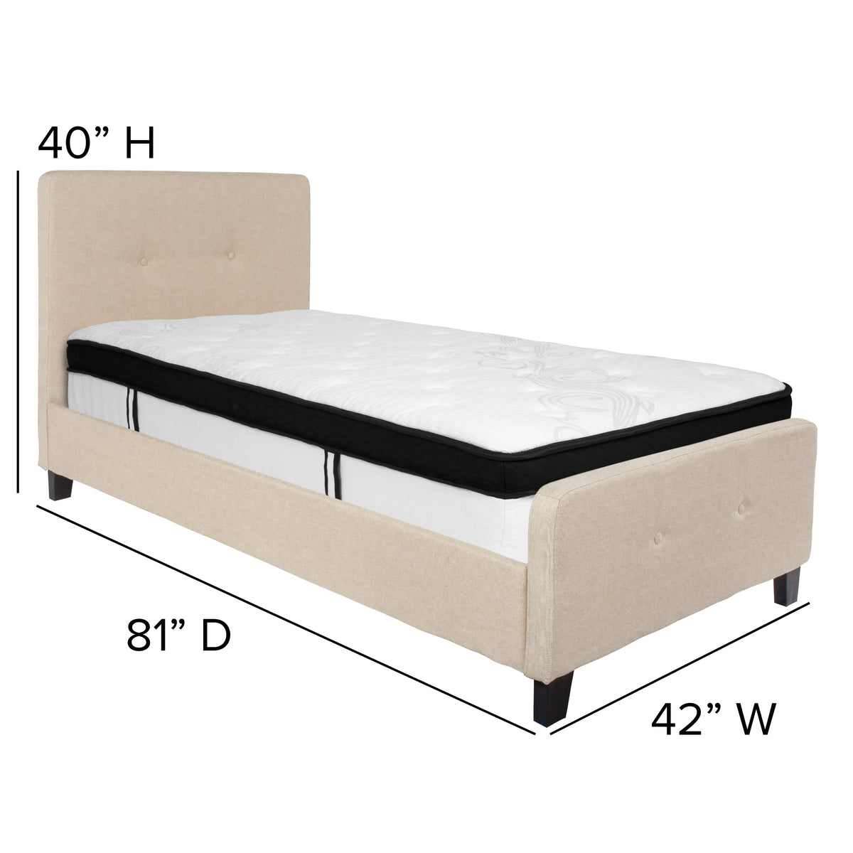 Beige,Twin |#| Twin Two Button Tufted Platform Bed/Memory Foam Mattress-Beige Fabric