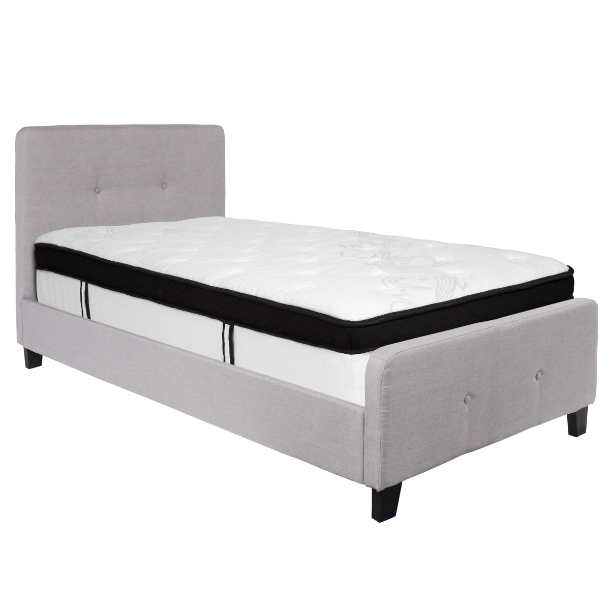 Light Gray,Twin |#| Twin Two Button Tufted Platform Bed/Memory Foam Mattress-Light Gray Fabric