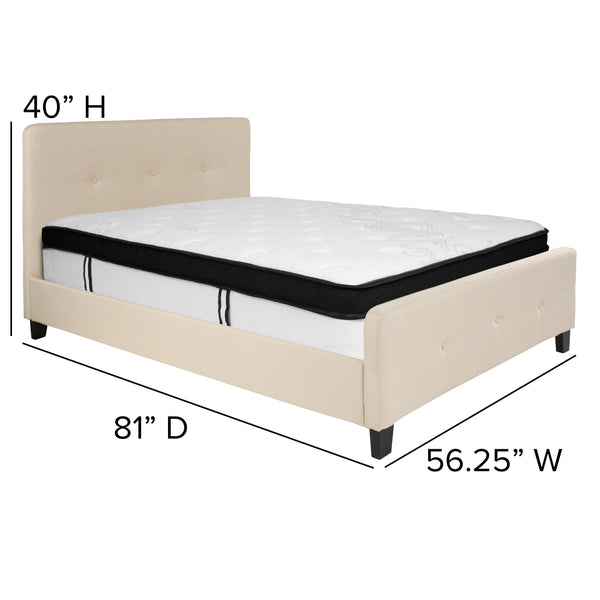 Beige,Full |#| Full Three Button Tufted Platform Bed/Memory Foam Mattress-Beige Fabric