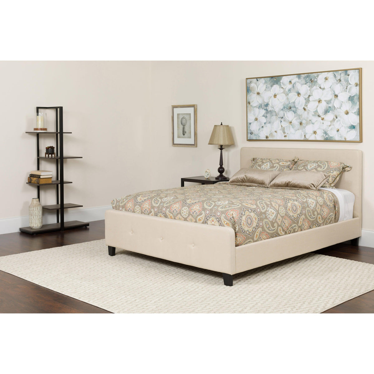 Beige,King |#| King Four Button Tufted Platform Bed/Memory Foam Mattress-Beige Fabric