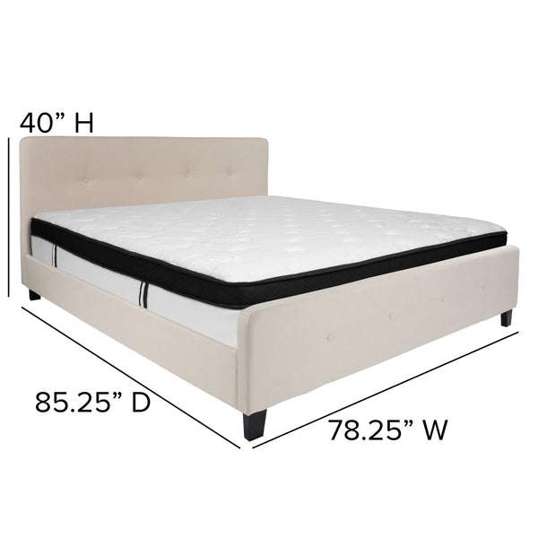 Beige,King |#| King Four Button Tufted Platform Bed/Memory Foam Mattress-Beige Fabric