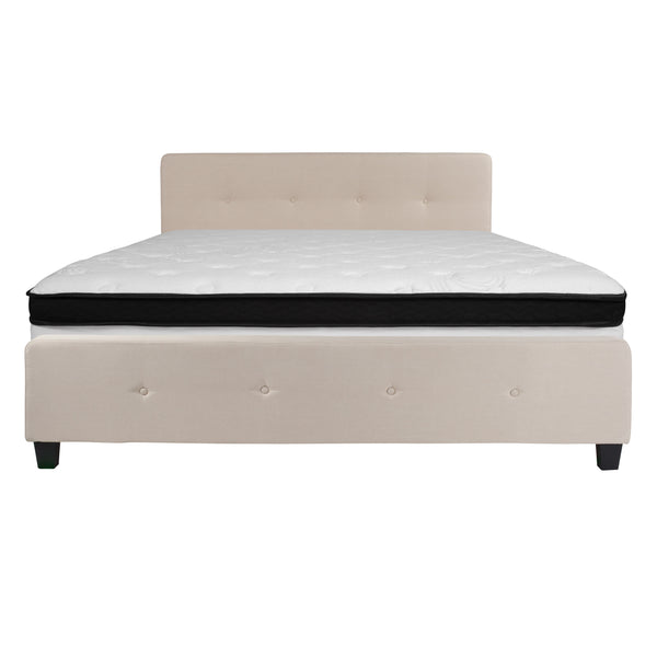 Beige,King |#| King Four Button Tufted Platform Bed/Memory Foam Mattress-Beige Fabric