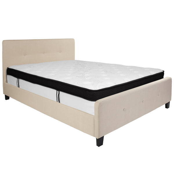 Beige,Queen |#| Queen Three Button Tufted Platform Bed/Memory Foam Mattress-Beige Fabric