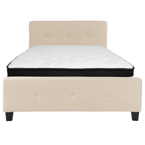 Beige,Full |#| Full Three Button Tufted Platform Bed/Memory Foam Mattress-Beige Fabric