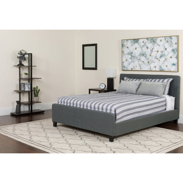 Dark Gray,Full |#| Full Three Button Tufted Platform Bed/Memory Foam Mattress-Dark Gray Fabric