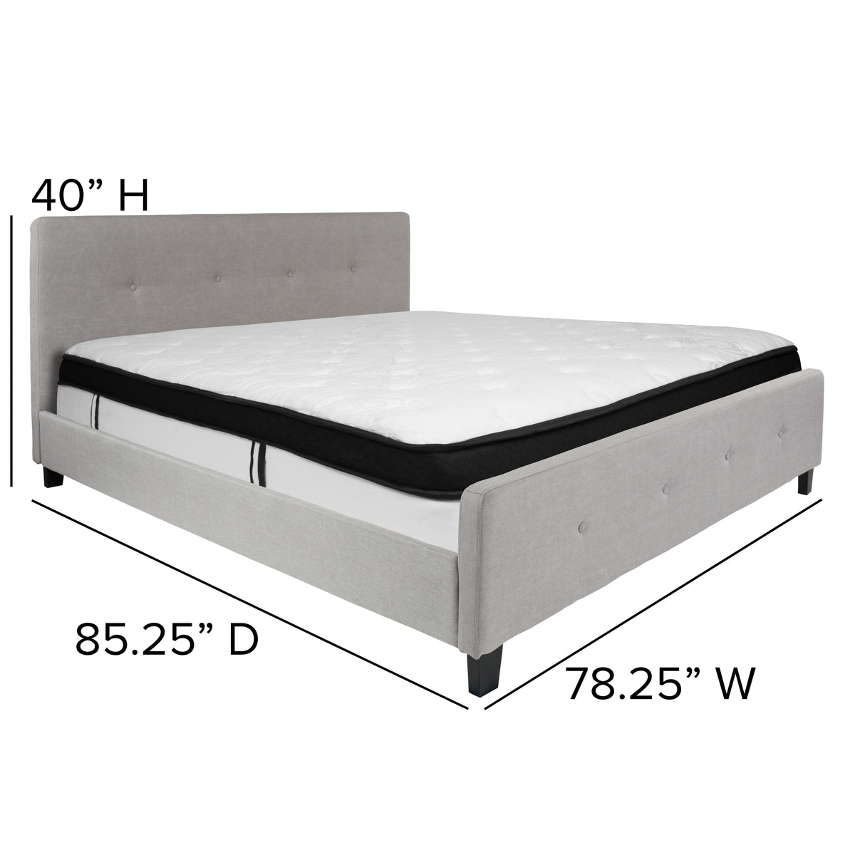 Light Gray,King |#| King Four Button Tufted Platform Bed/Memory Foam Mattress-Light Gray Fabric