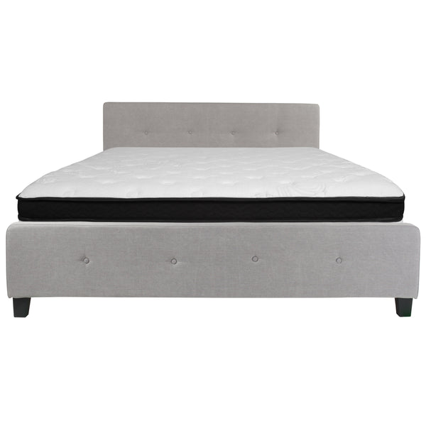 Light Gray,King |#| King Four Button Tufted Platform Bed/Memory Foam Mattress-Light Gray Fabric