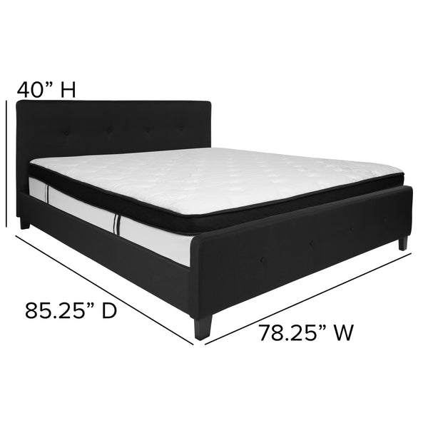 Black,King |#| King Four Button Tufted Platform Bed/Memory Foam Mattress-Black Fabric