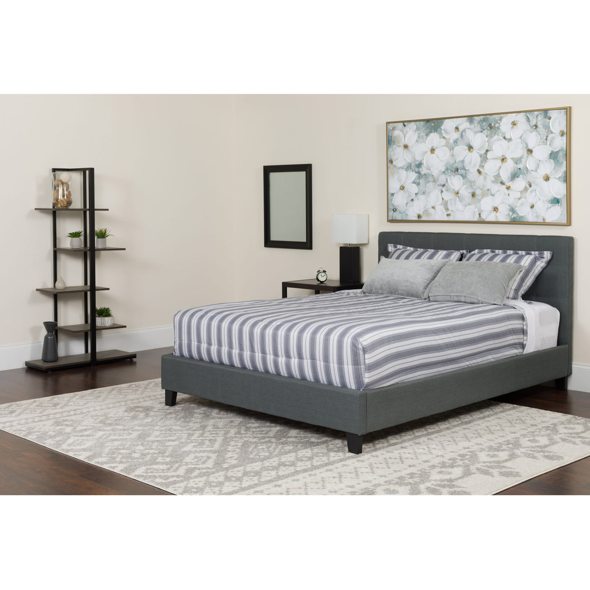 Dark Gray,Queen |#| Queen Three Button Tufted Platform Bed/Memory Foam Mattress-Dark Gray Fabric