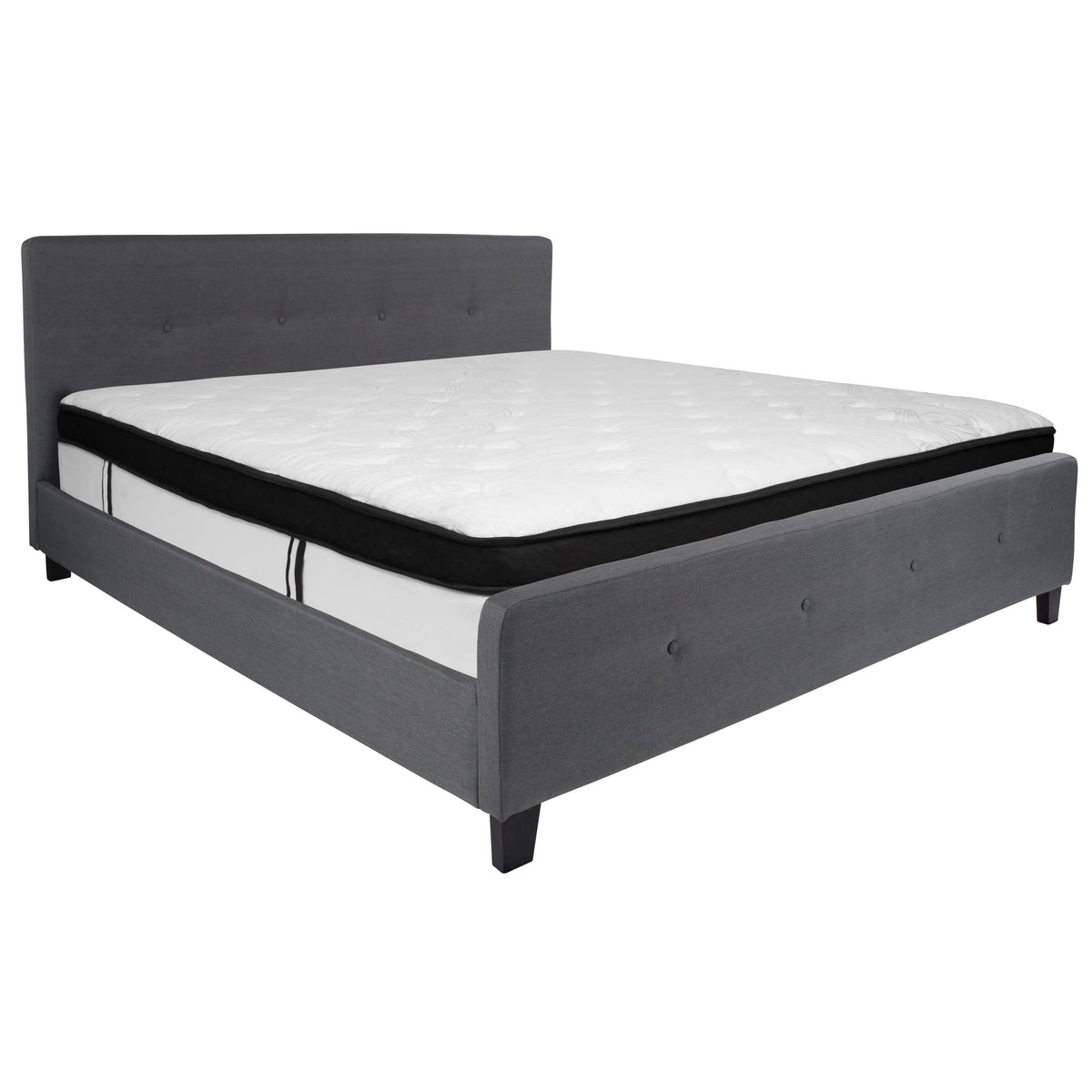 Dark Gray,King |#| King Four Button Tufted Platform Bed/Memory Foam Mattress-Dark Gray Fabric