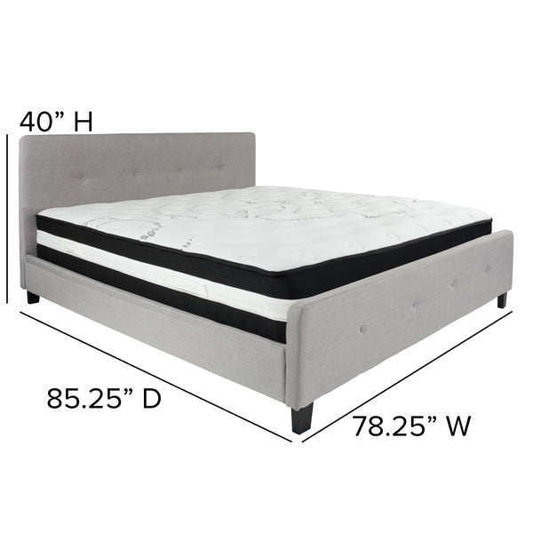 Light Gray,King |#| King Size Button Tufted Upholstered Platform Bed in Lt Gray Fabric with Mattress