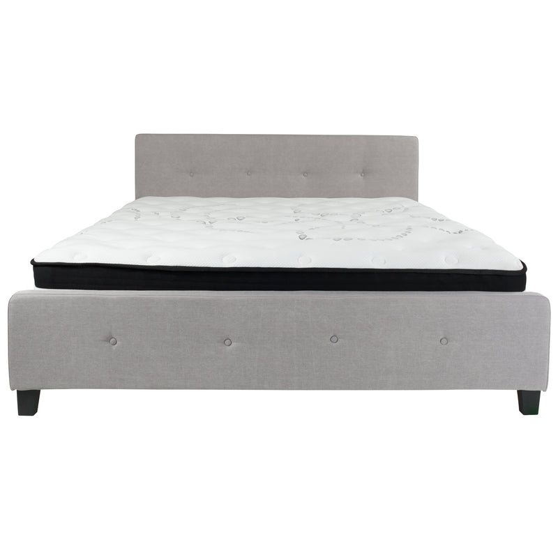 Light Gray,King |#| King Size Button Tufted Upholstered Platform Bed in Lt Gray Fabric with Mattress