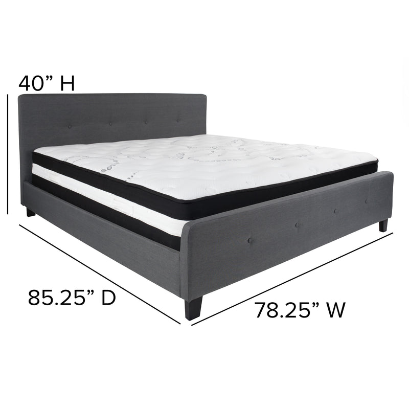 Dark Gray,King |#| King Size Button Tufted Upholstered Platform Bed in Dk Gray Fabric with Mattress