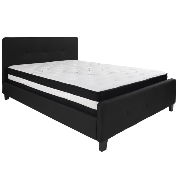 Black,Queen |#| Queen Size Button Tufted Upholstered Platform Bed in Black Fabric with Mattress