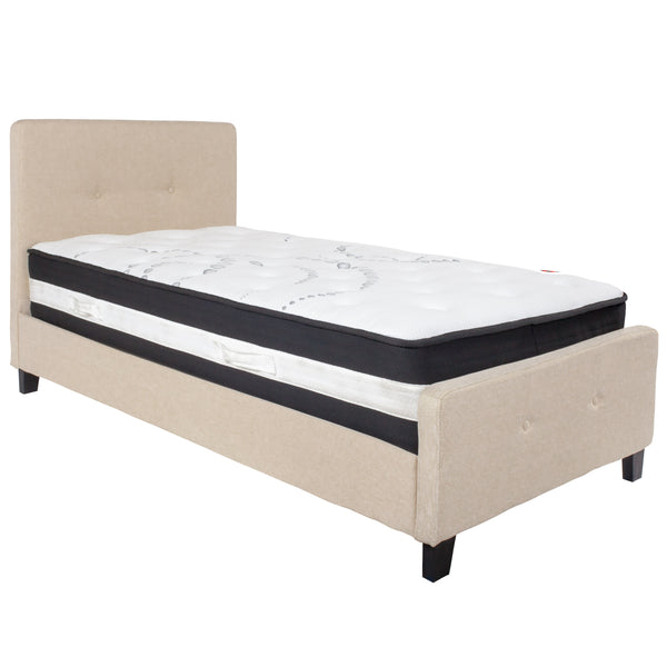 Beige,Twin |#| Twin Size Button Tufted Upholstered Platform Bed in Beige Fabric with Mattress