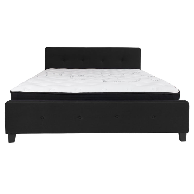Black,King |#| King Size Button Tufted Upholstered Platform Bed in Black Fabric with Mattress