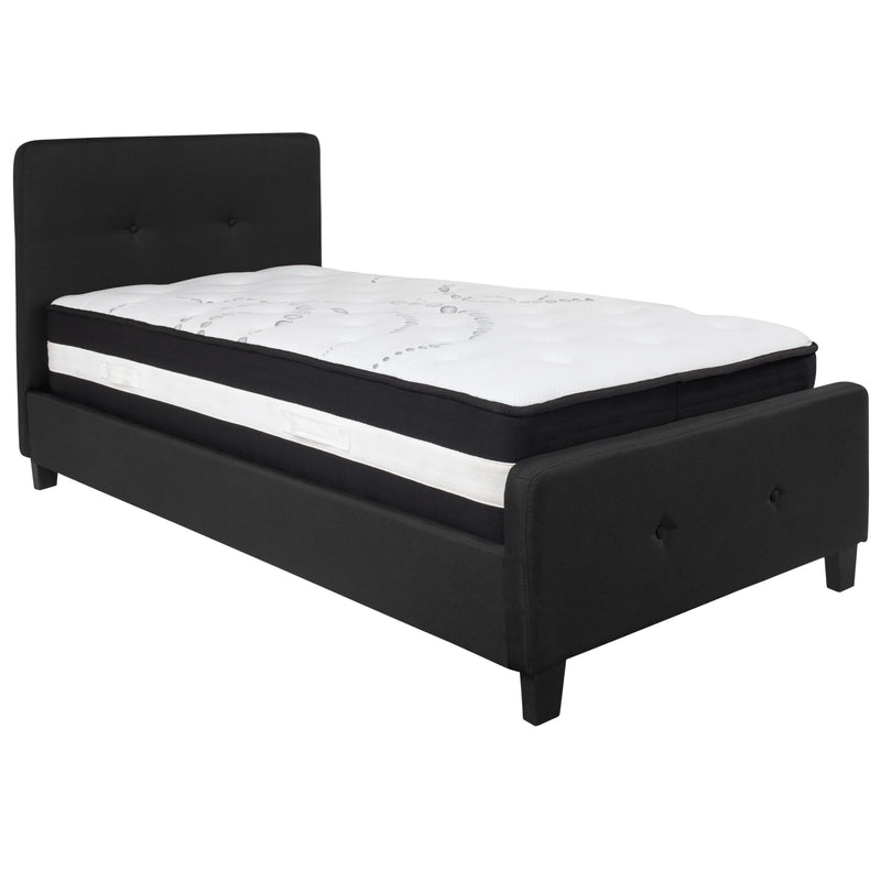 Black,Twin |#| Twin Size Button Tufted Upholstered Platform Bed in Black Fabric with Mattress