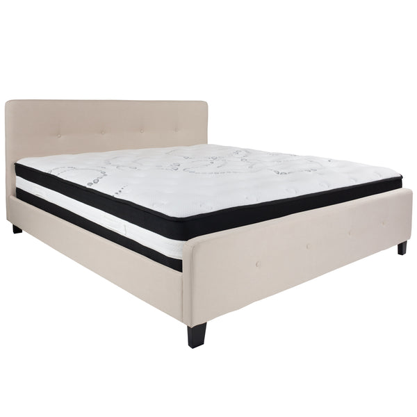 Beige,King |#| King Size Button Tufted Upholstered Platform Bed in Beige Fabric with Mattress