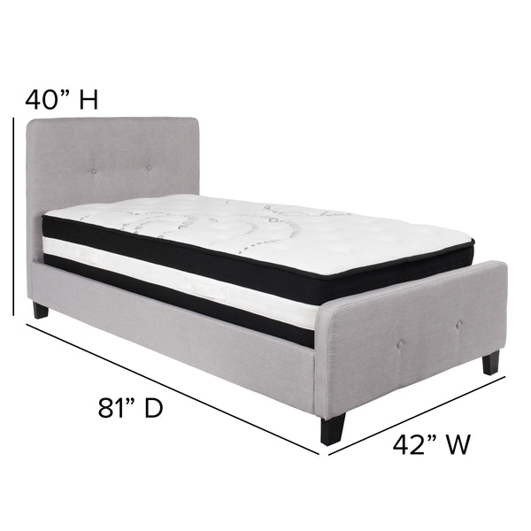 Light Gray,Twin |#| Twin Size Button Tufted Upholstered Platform Bed in Lt Gray Fabric with Mattress