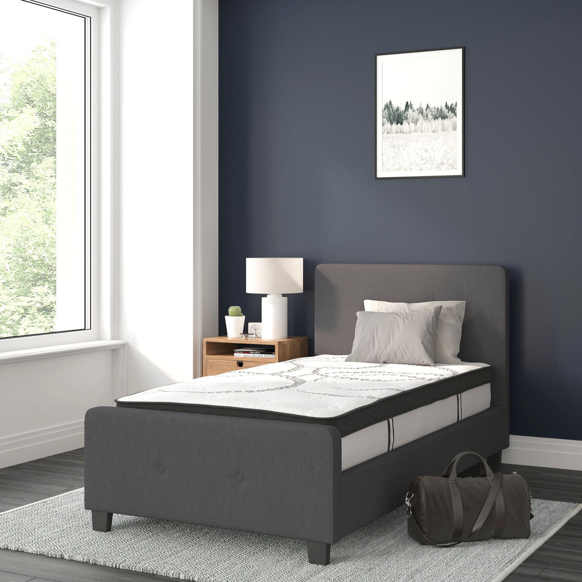 Dark Gray,Twin |#| Twin Tufted Platform Bed in Dark Gray Fabric with 10 Inch Pocket Spring Mattress