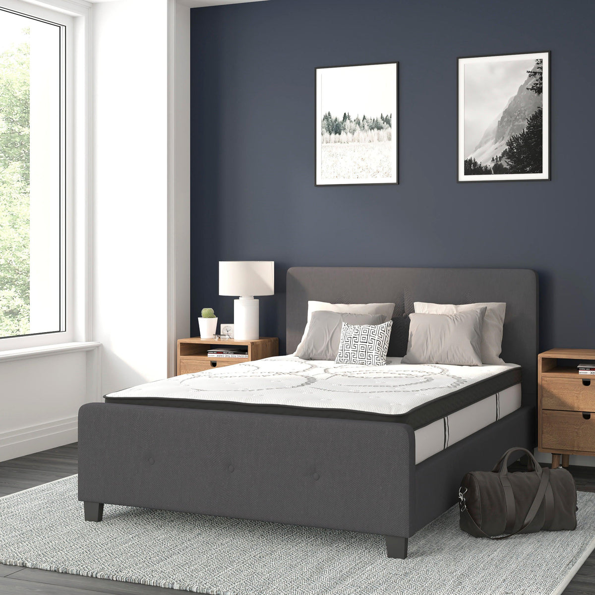 Dark Gray,Full |#| Full Tufted Platform Bed in Dark Gray Fabric with 10 Inch Pocket Spring Mattress