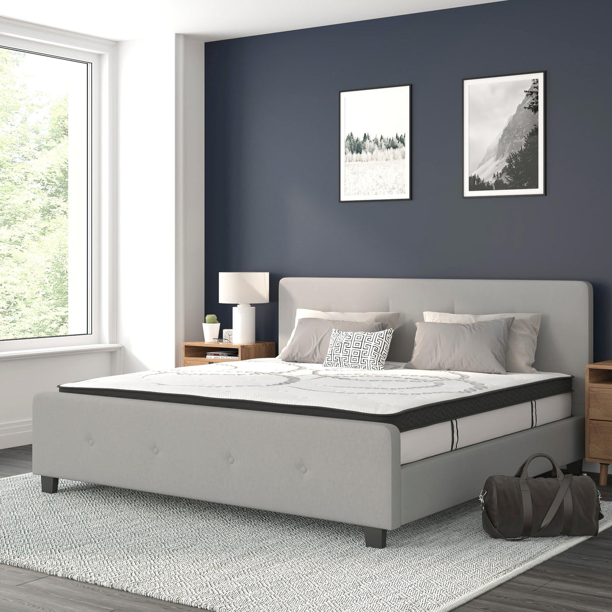 Light Gray,King |#| King Tufted Platform Bed in Light Gray Fabric with 10in. Pocket Spring Mattress