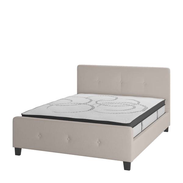 Beige,Queen |#| Queen Tufted Platform Bed in Beige Fabric with 10 Inch Pocket Spring Mattress