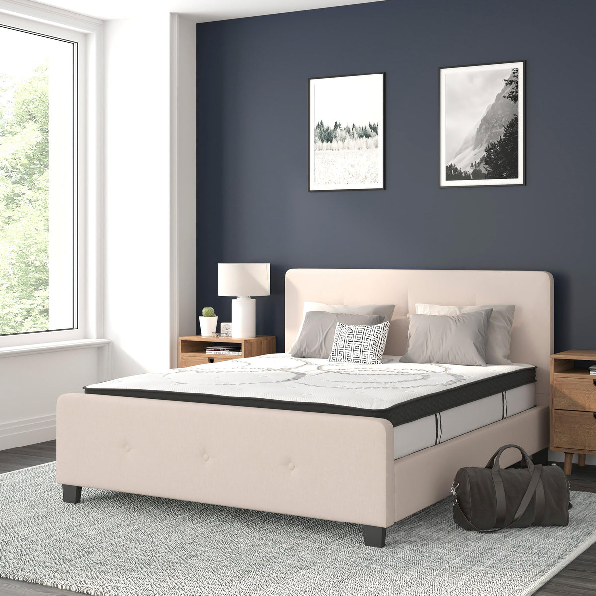 Beige,Queen |#| Queen Tufted Platform Bed in Beige Fabric with 10 Inch Pocket Spring Mattress