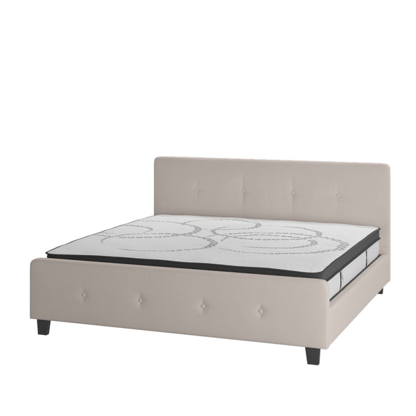 Beige,King |#| King Tufted Platform Bed in Beige Fabric with 10 Inch Pocket Spring Mattress