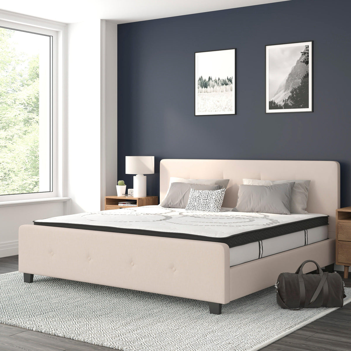 Beige,King |#| King Tufted Platform Bed in Beige Fabric with 10 Inch Pocket Spring Mattress