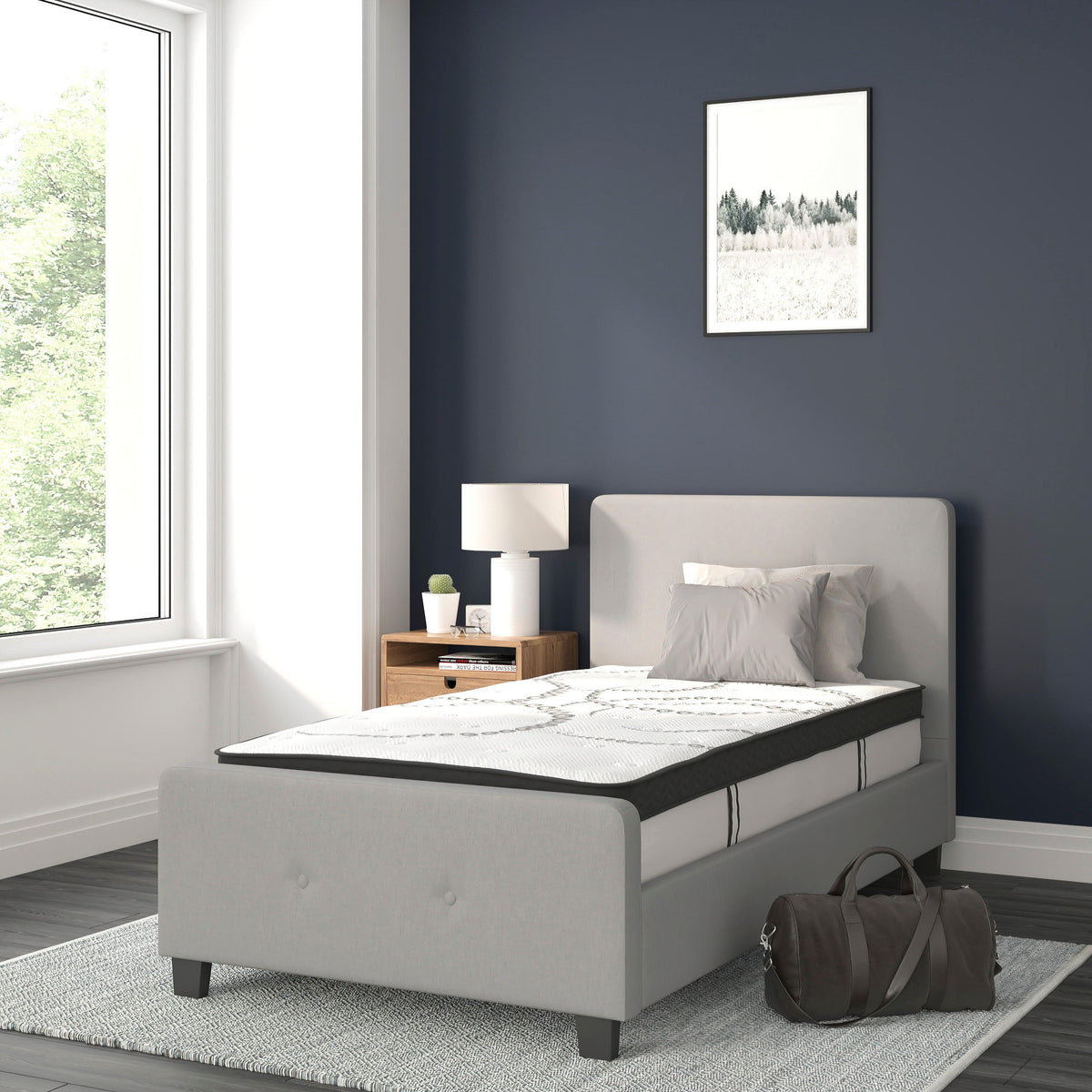 Light Gray,Twin |#| Twin Tufted Platform Bed in Light Gray Fabric with 10in. Pocket Spring Mattress