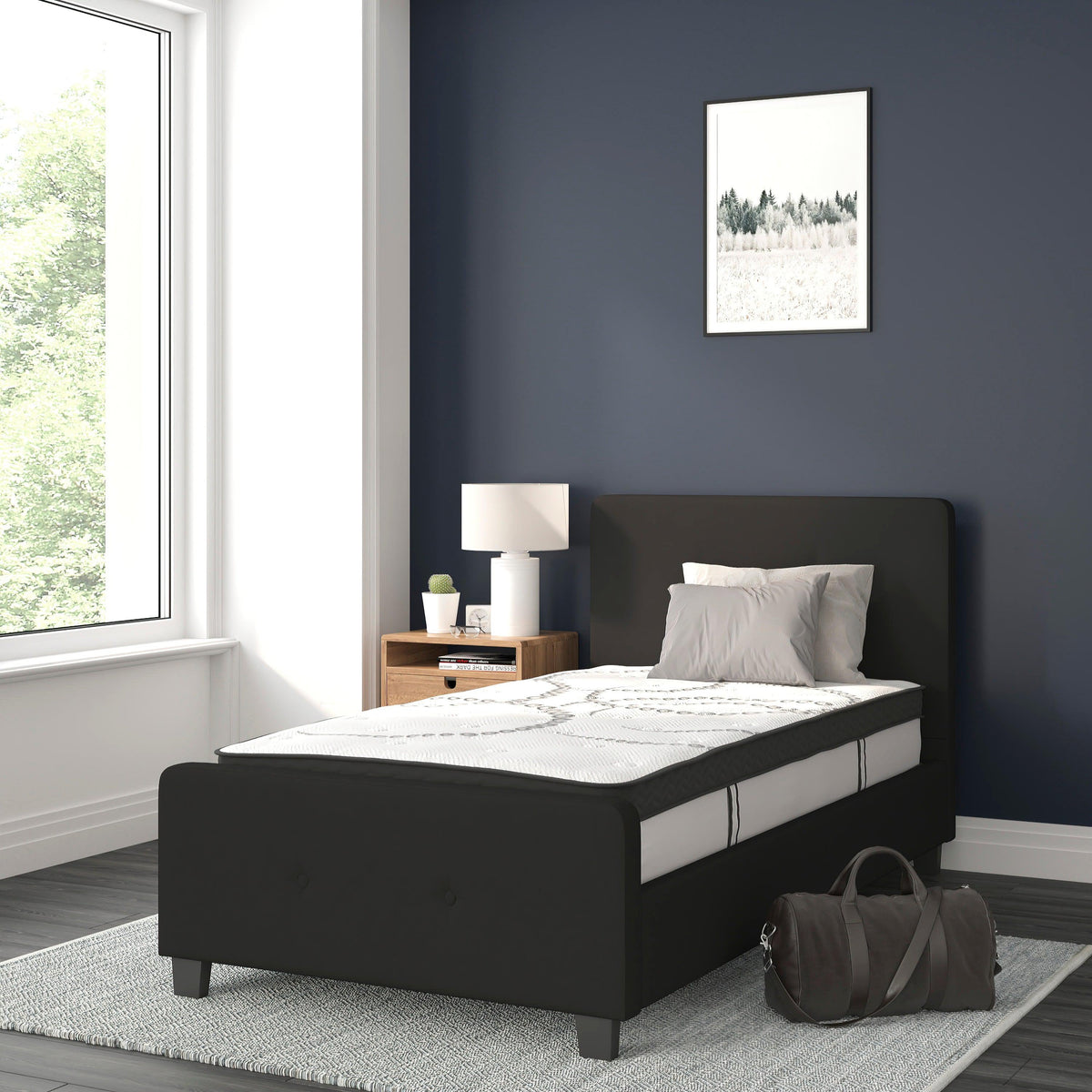 Black,Twin |#| Twin Tufted Platform Bed in Black Fabric with 10 Inch Pocket Spring Mattress