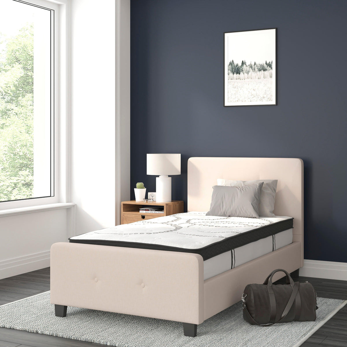 Beige,Twin |#| Twin Tufted Platform Bed in Beige Fabric with 10 Inch Pocket Spring Mattress