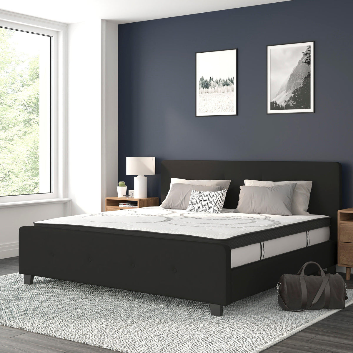 Black,King |#| King Tufted Platform Bed in Black Fabric with 10 Inch Pocket Spring Mattress