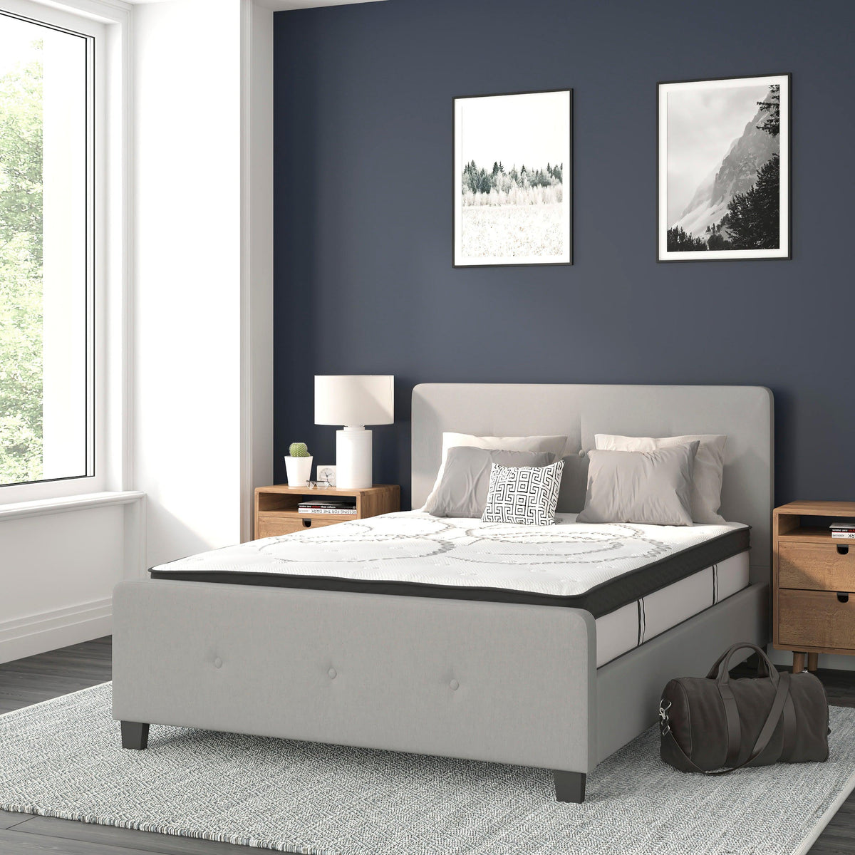 Light Gray,Full |#| Full Tufted Platform Bed in Light Gray Fabric with 10in. Pocket Spring Mattress